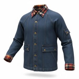 Valley Co Mens Denim Chore Jacket Medium Vintage Plaid Collar Cuffs Button Up